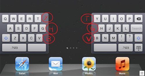 Как разделить клавиатуру iPad и использовать шесть скрытых кнопок? split keyboard on IPad