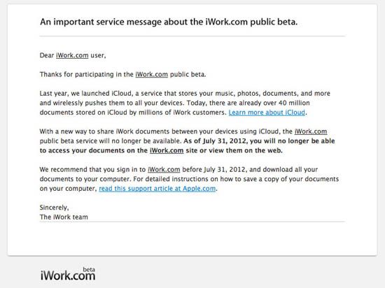 Apple призывает пользователей iWork.com переходить на iCloud
