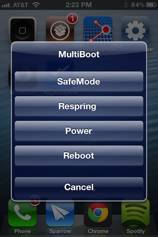 MultiBoot - быстрая перезагрузка, выключение и Respring iPhone, iPod или iPad