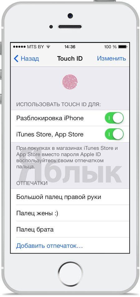 настройка названий пальцев touch iD в iPhone 5s