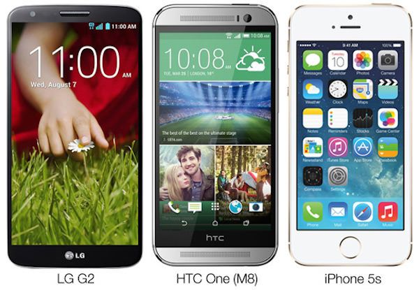 сравнение LG G2 htc one m8 iPhone 5s