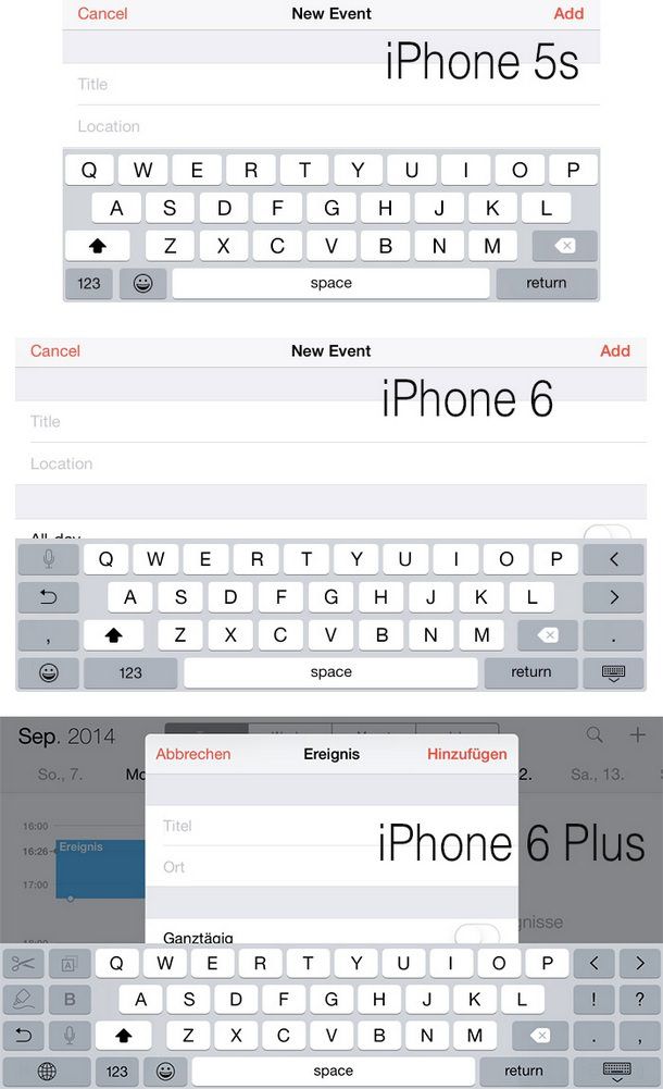 В стандартной клавиатуре iPhone 6 и iPhone 6 Plus увеличилось число клавиш