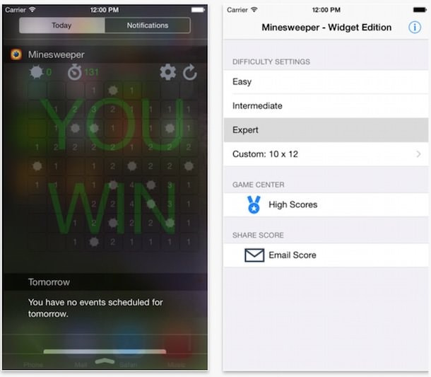 Minesweeper (Сапер) - игра-виджет для Центра уведомлений iOS