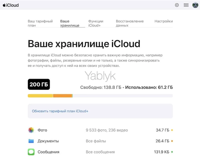 Настройки iCloud на сайте icloud.сom