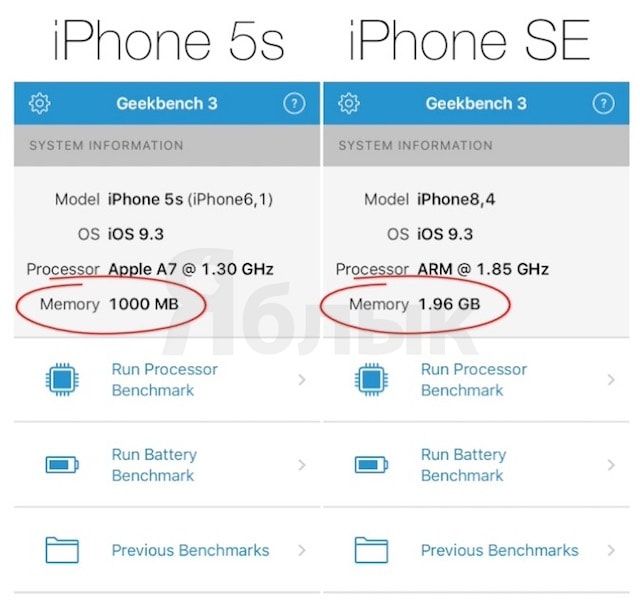 Чем отличается iPhone SE от iPhone 5s. Оперативная память