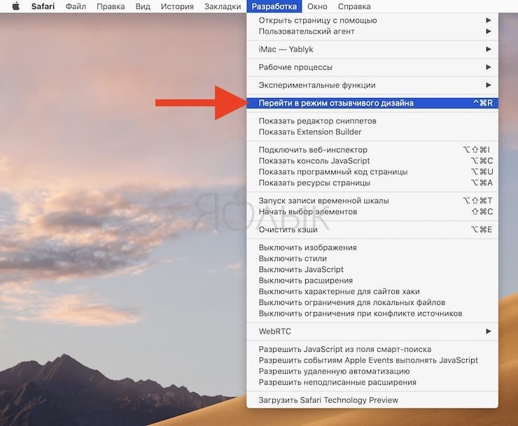 Develop menu in Safari on Mac