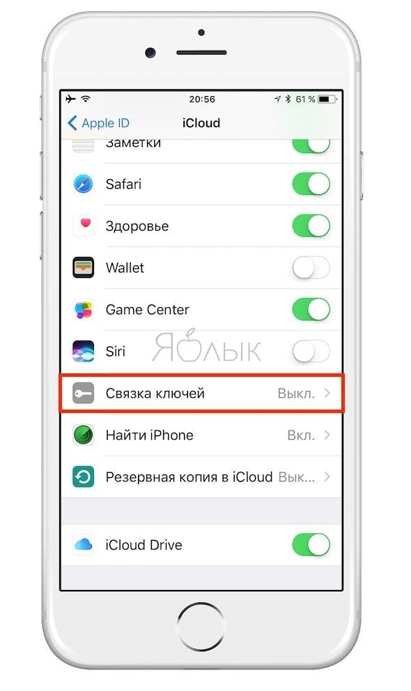 Активируйте переключатель «Связка ключей iCloud»