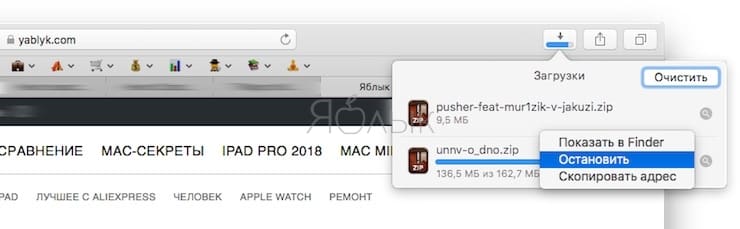 Как приостановить и возобновить загрузки (скачивание файлов) в Safari на Mac