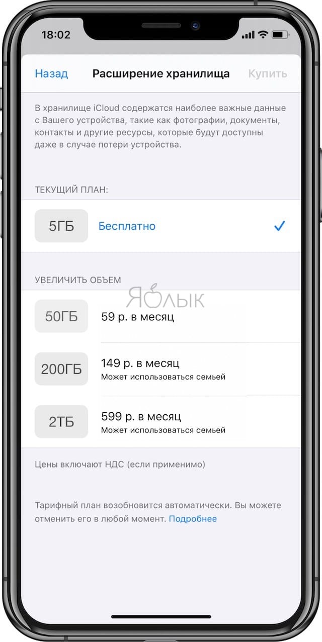 Актуальные цены на место в iCloud