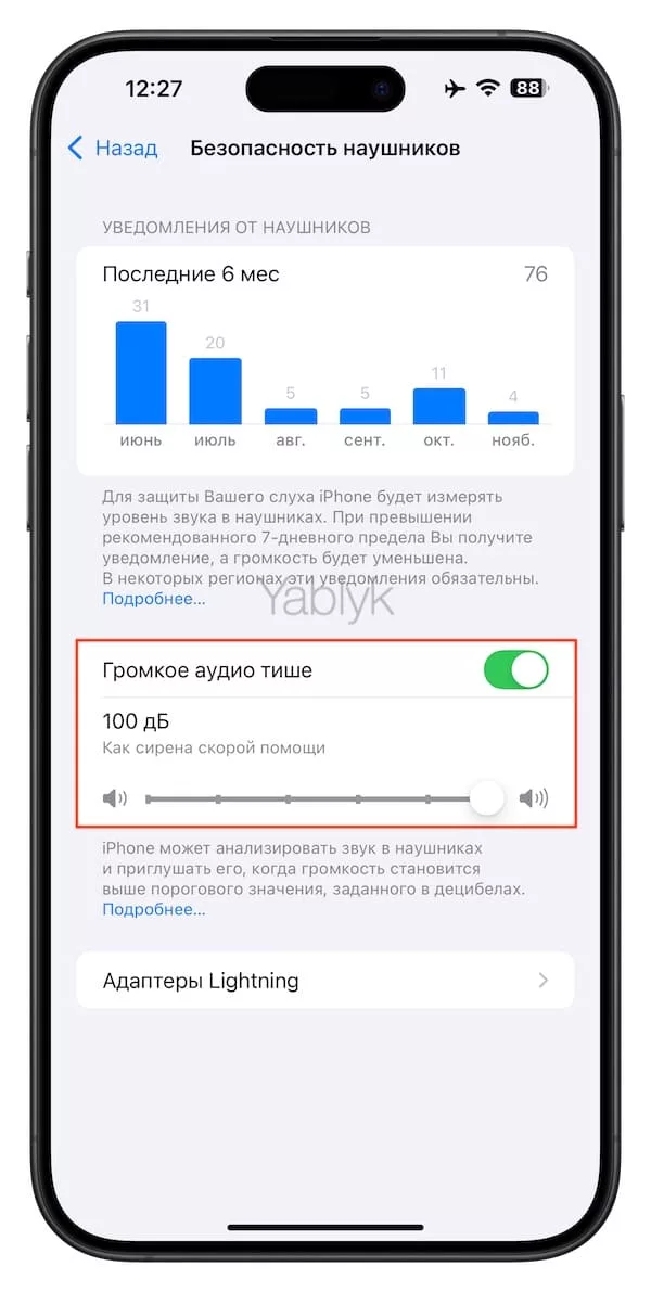 Как в iPhone установить собственный лимит громкости (приглушение громкости)