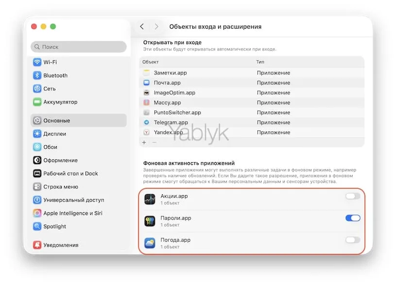 Фоновая активность приложений в Mac