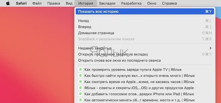 Удаление отдельных страниц истории в Safari на macOS