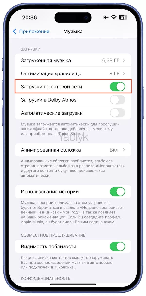 Загрузки по сотовой сети в приложении Музыка на iPhone