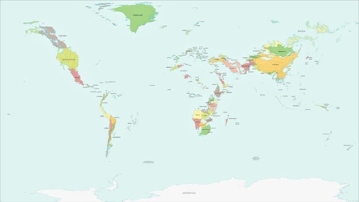 Карта мира с увеличением уровня Мирового океана на 1000 метров