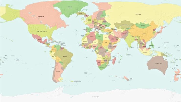 Carte du monde avec une baisse du niveau de la mer de 1 000 mètres