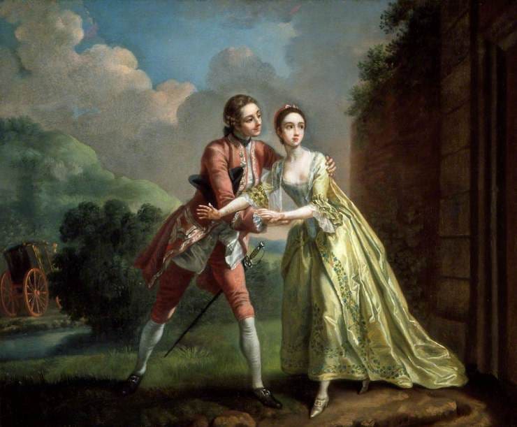 Robert Lovelace persuades Clarissa to run away. Painter: Francis Hayman