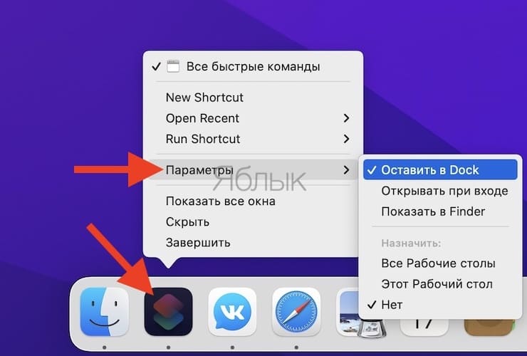 добавить Быструю команду в Док-панель?