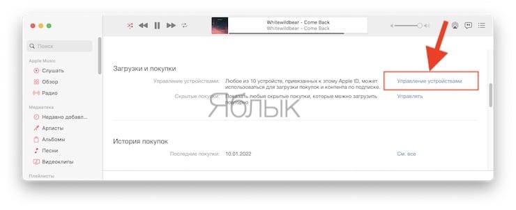 Как посмотреть привязанные устройства и отвязать их через приложение Музыка на macOS?