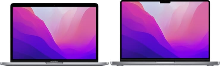 Сравнение размеров 13-дюймового MacBook Pro и 14-дюймового MacBook Pro