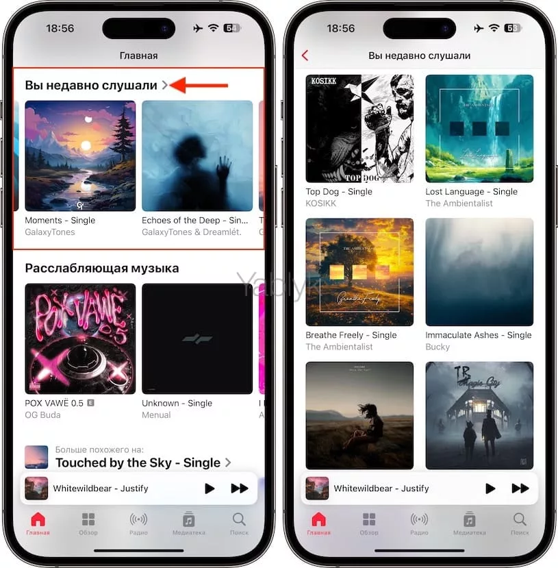 раздел «Вы недавно слушали» в Apple Music