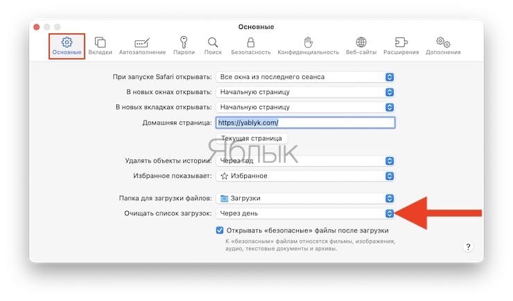 Как автоматически очищать список скачанных файлов в Safari на Mac