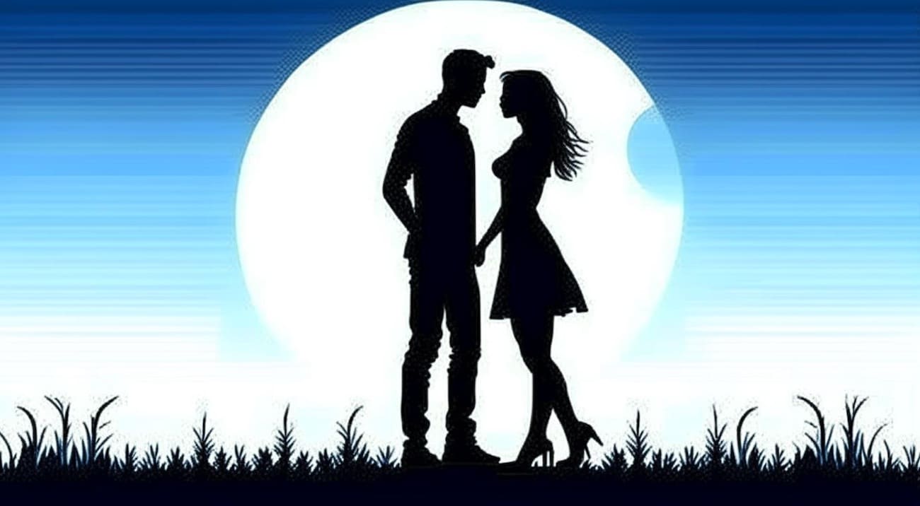 Влюблённая пара на фоне луны