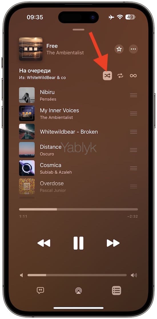 Где находятся кнопки Перемешать и Повтор в Apple Music – 2 способа