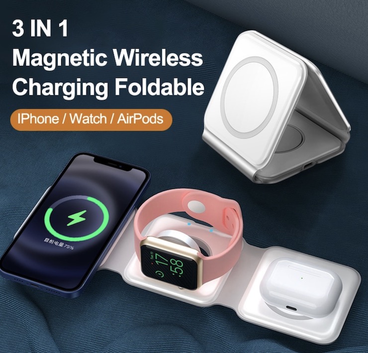Зарядка MagSafe 3 в 1. С помощью нее можно одновременно заряжать iPhone, AirPods и Apple Watch