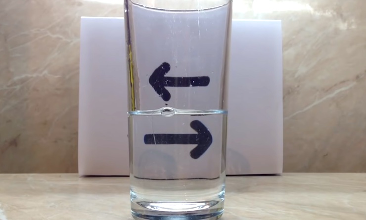 Illusion d'optique avec des flèches et un verre d'eau