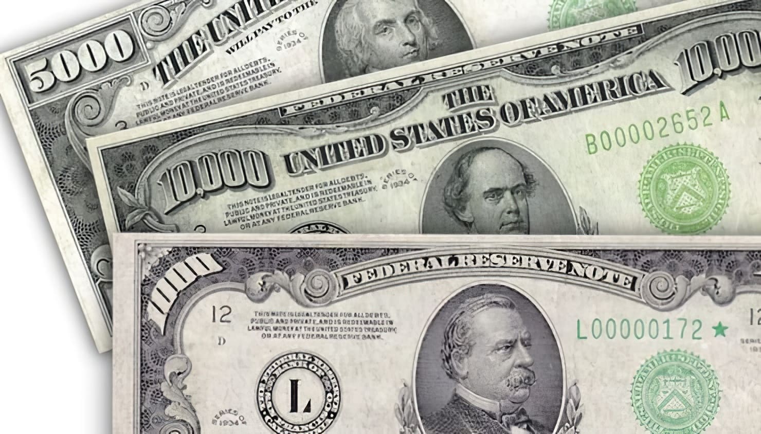 500, 1000, 5000 и 100 000 долларов — самые крупные и редкие купюры американской валюты