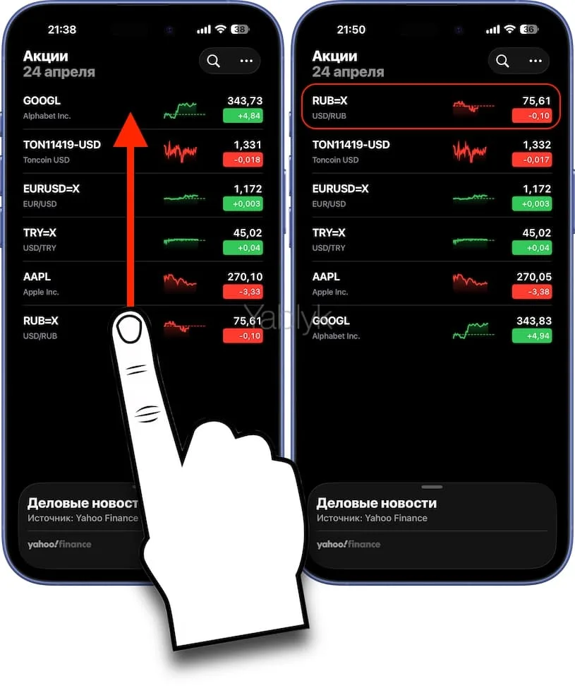 Как вывести курсы валют в приложении Акции на iPhone