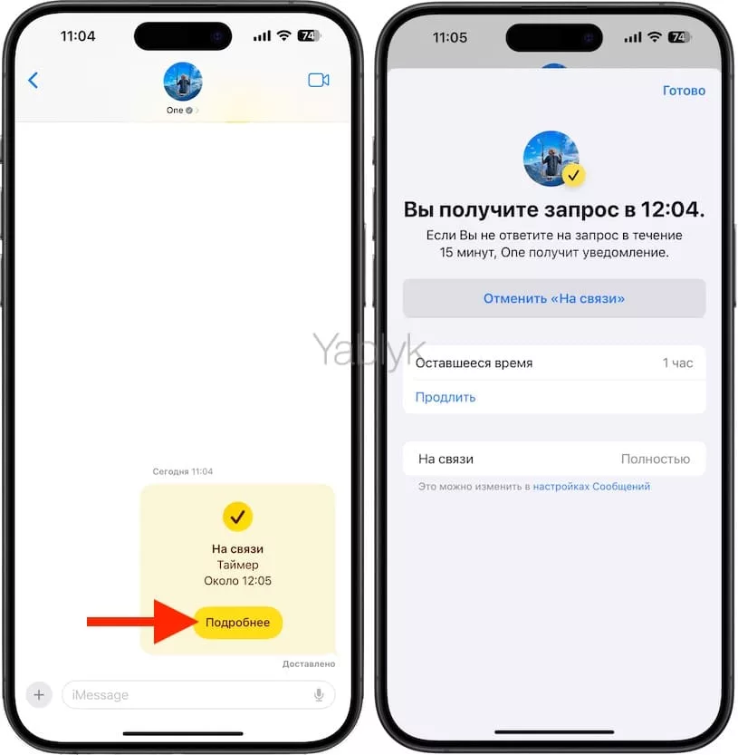 Работа уведомления «После таймера» функции «На связи» в iMessage на iPhone