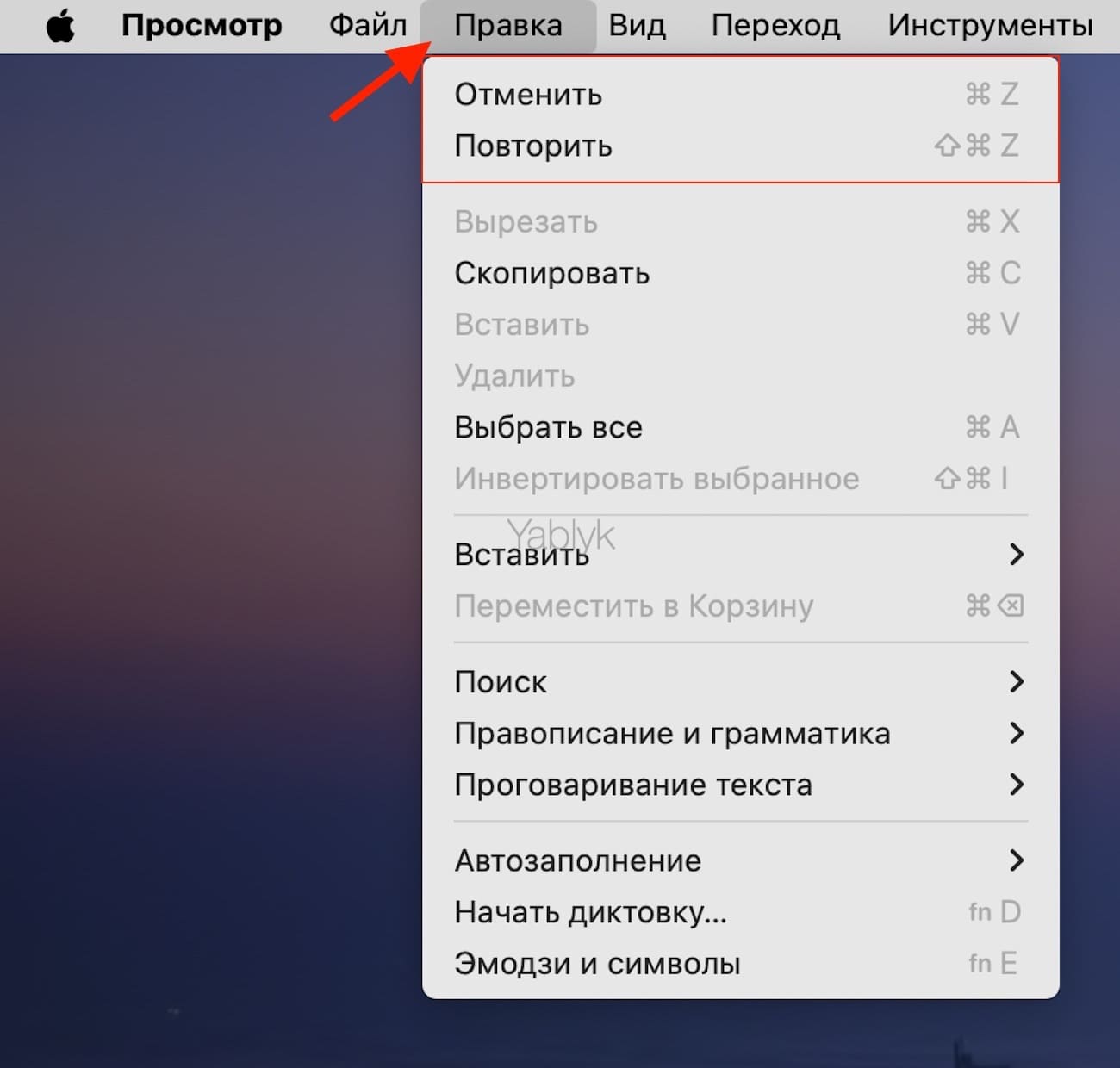 Как можно отменять и повторять действия на Mac с помощью меню?