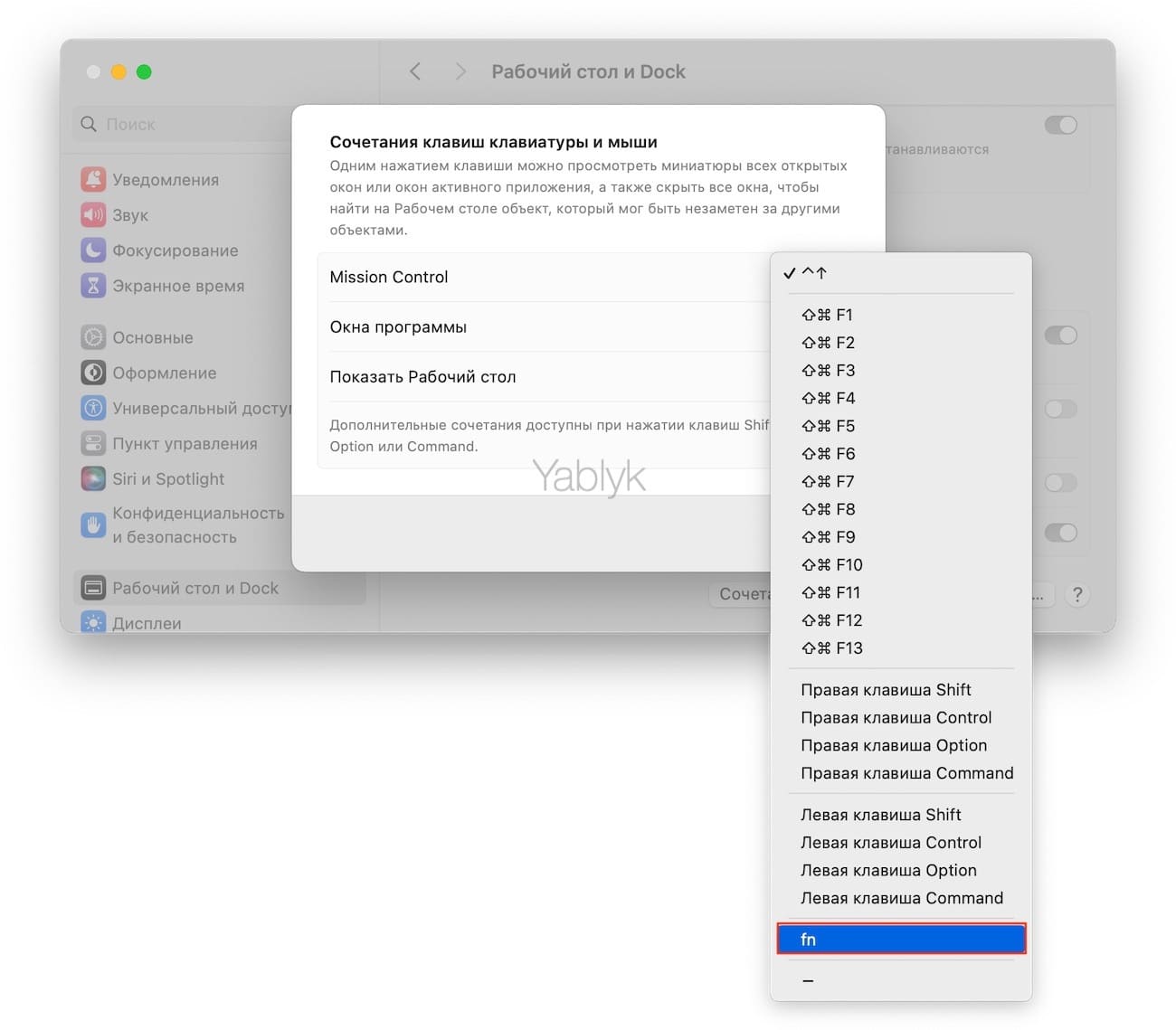 Настройки клавиши "fn" в macOS