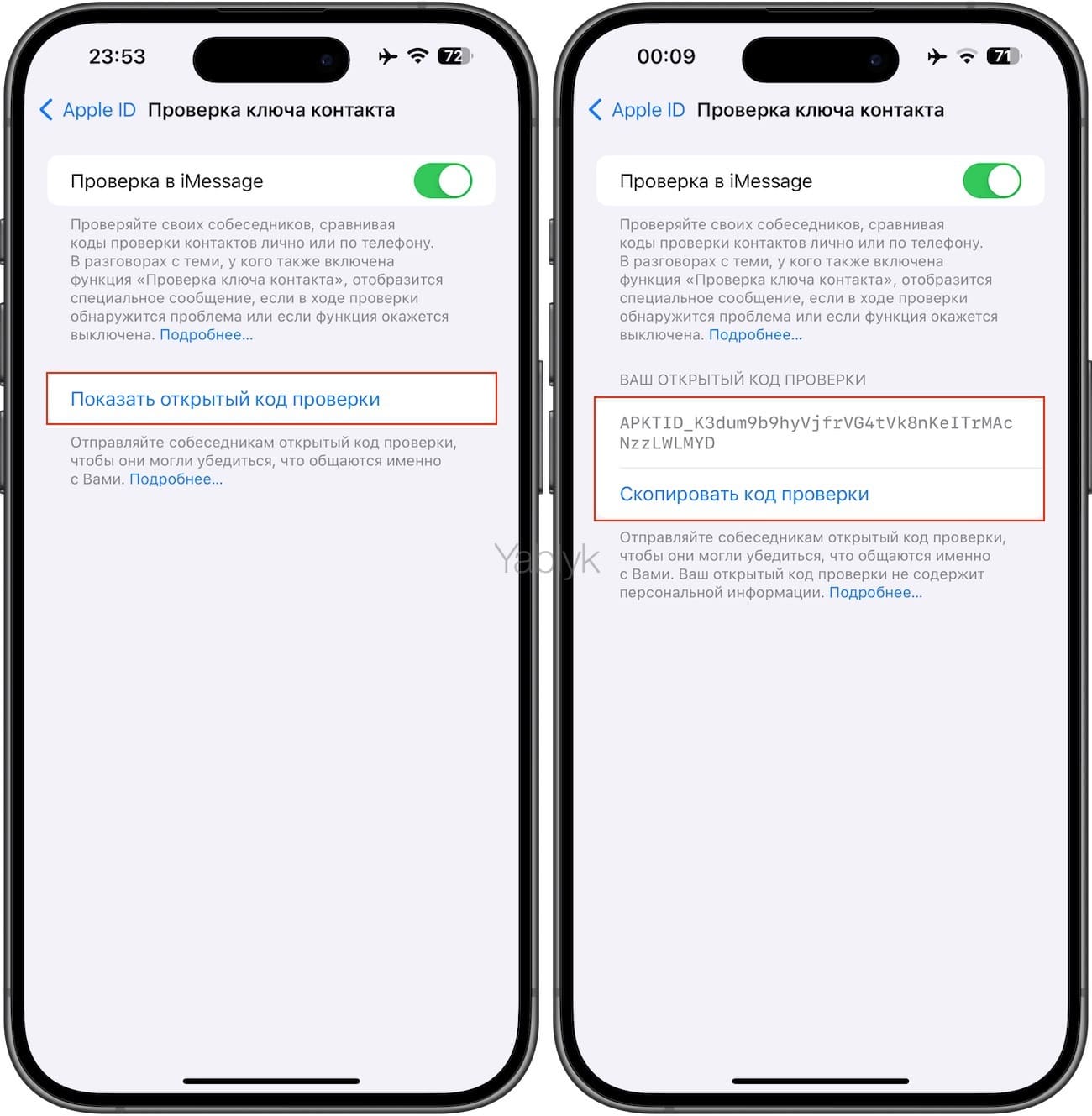 Как скопировать открытый код проверки контакта в iMessage на iPhone 
