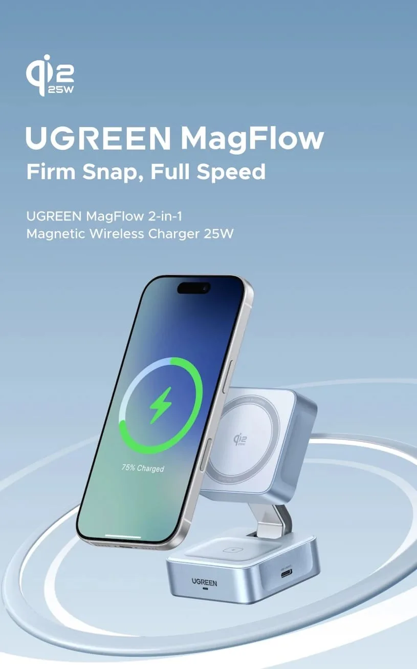 UGREEN Magflow Qi2.2 25 Вт: Магнитная подставка 2-в-1 для iPhone и AirPods