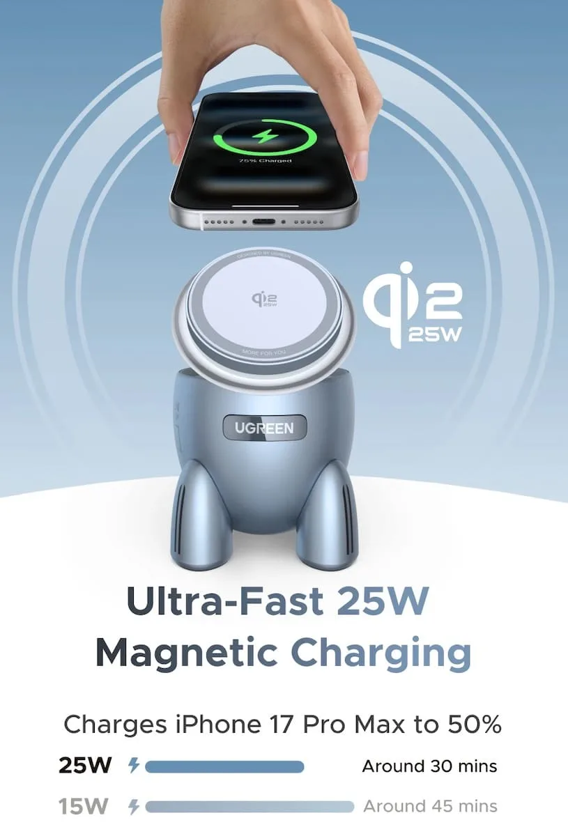 UGREEN Magflow Rocket Qi2.2 25 Вт: Магнитная подставка 2-в-1 для iPhone и AirPods