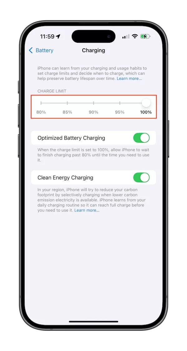 battery setting iphone