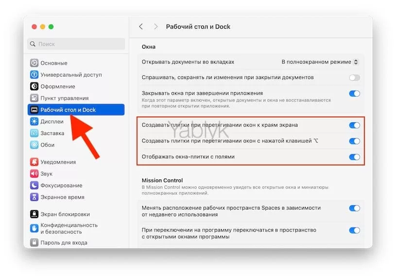 Настройки плиточного размещения окон в macOS