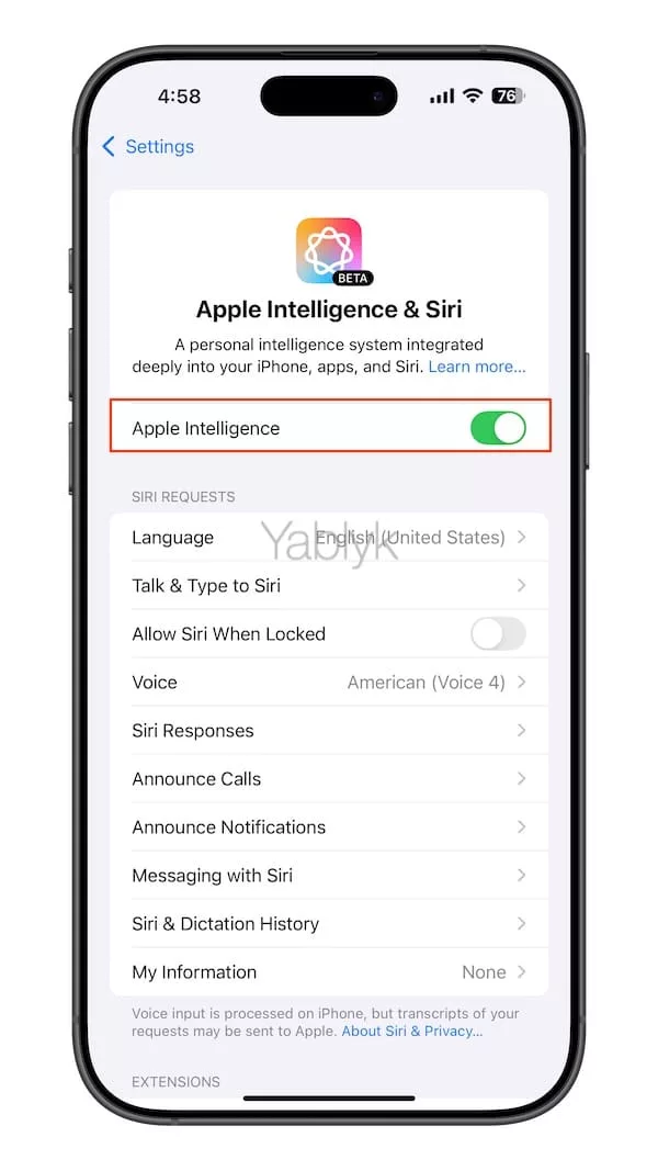Установка функций apple intelligence на iPhone