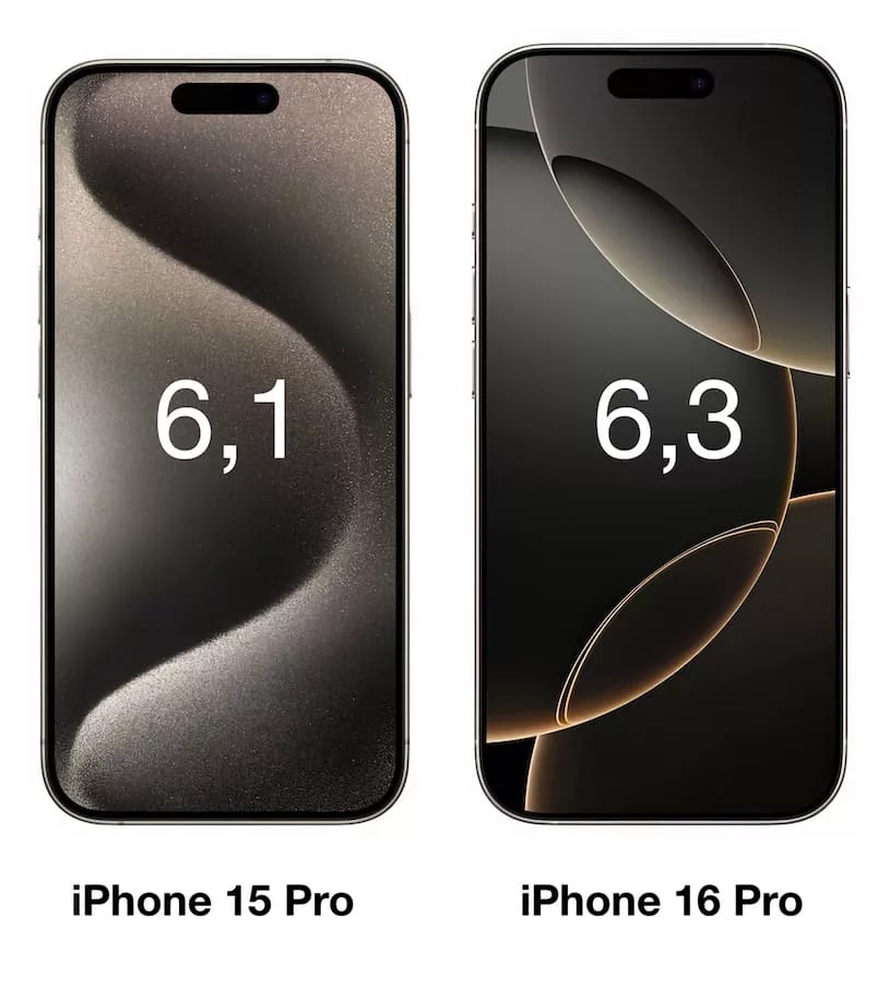 Сравнение размеров дисплея на iPhone 15 Pro и iPhone 16 Pro