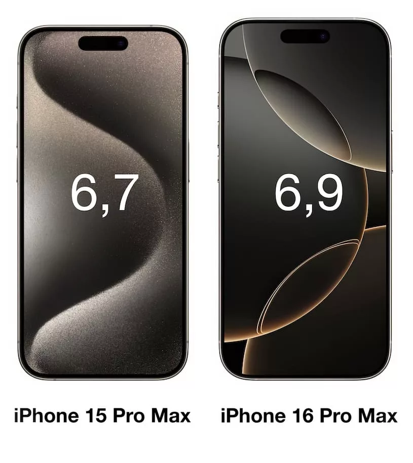 Сравнение размеров дисплея на iPhone 15 Pro Max и iPhone 16 Pro Max