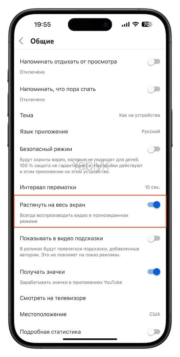 Отображение видео на весь экран в YouTube