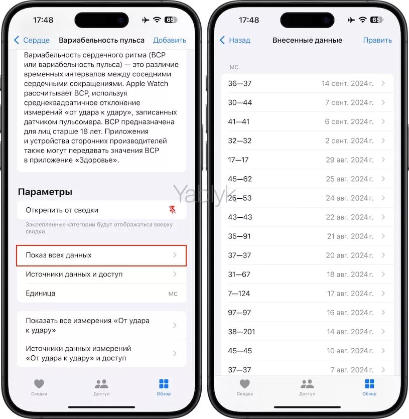 Где смотреть информацию о вариабельности пульса, предоставляемой Apple Watch?