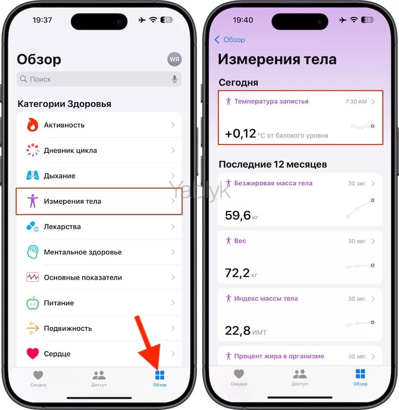 Где смотреть данные о температуре запястья на iPhone?