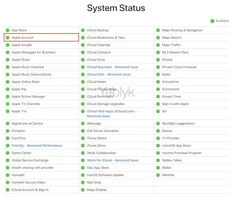 Проверьте статус работы сервиса «Apple account» на сайте Apple