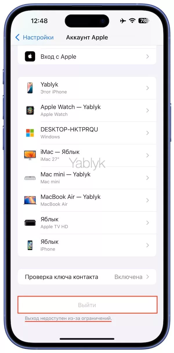 Кнопка «Выйти» серая неактивная в настройках аккаунта Apple на iPhone 