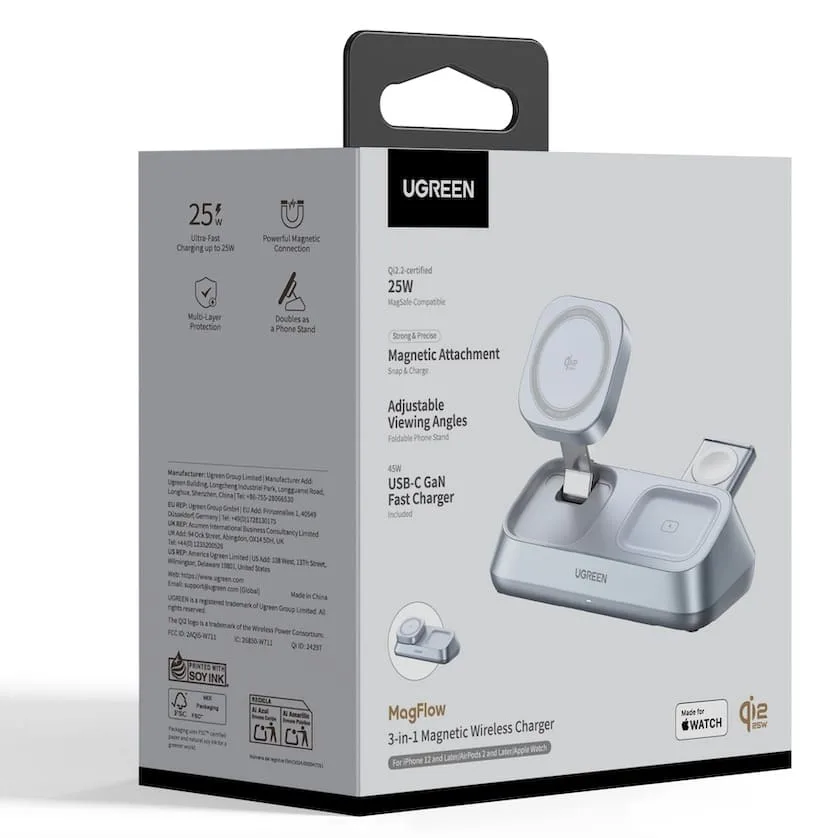 Коробка беспроводной зарядной станции Ugreen Qi2 25 Вт MagFlow 3-in-1 (W711)