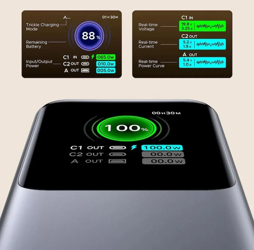 Обзор повербанка Ugreen Nexode 20 000 мАч с выдвижным кабелем, 165 Вт (PB726) - экран