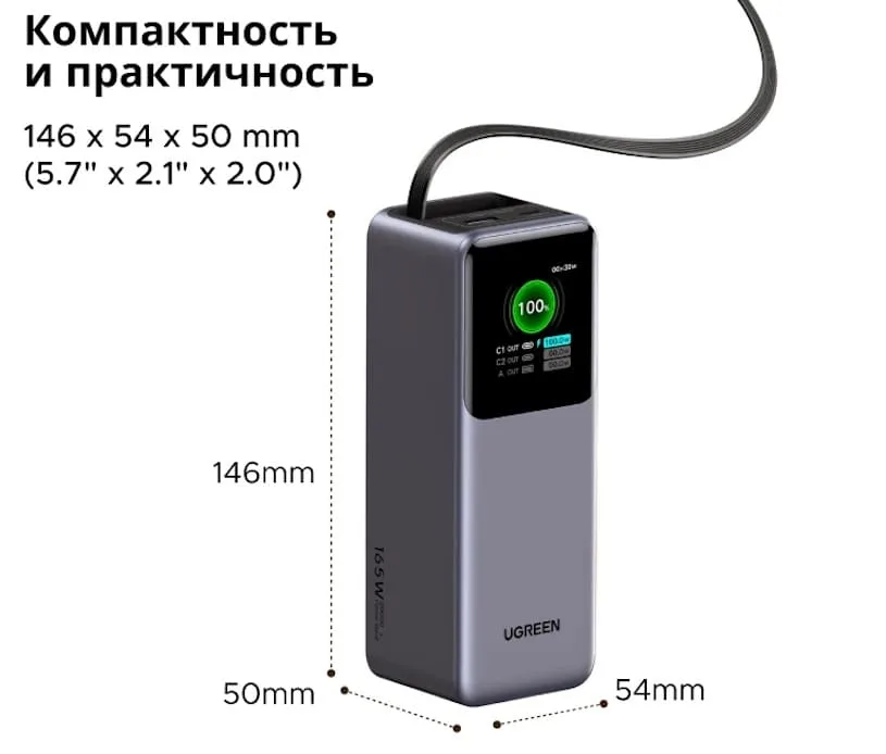 Обзор повербанка Ugreen Nexode 20 000 мАч с выдвижным кабелем, 165 Вт (PB726) - размеры